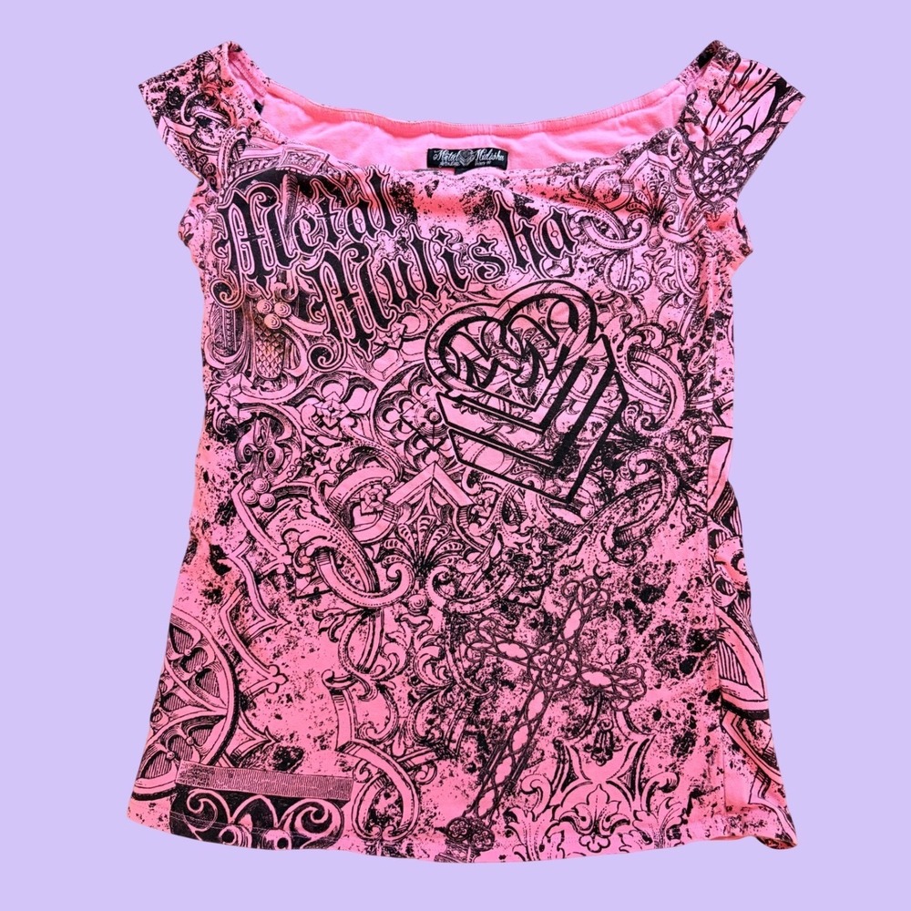 Y2K Metal Mulisha Pink Graphic Top Grunge Winged Heart Scoop Neck Scene #19